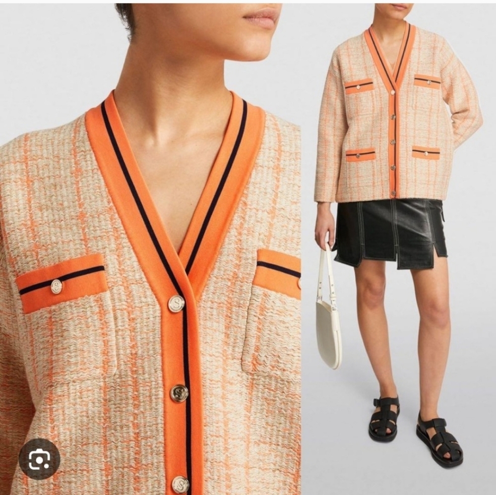 Sandro Ecru/orange Tweed Cardigan Size 10